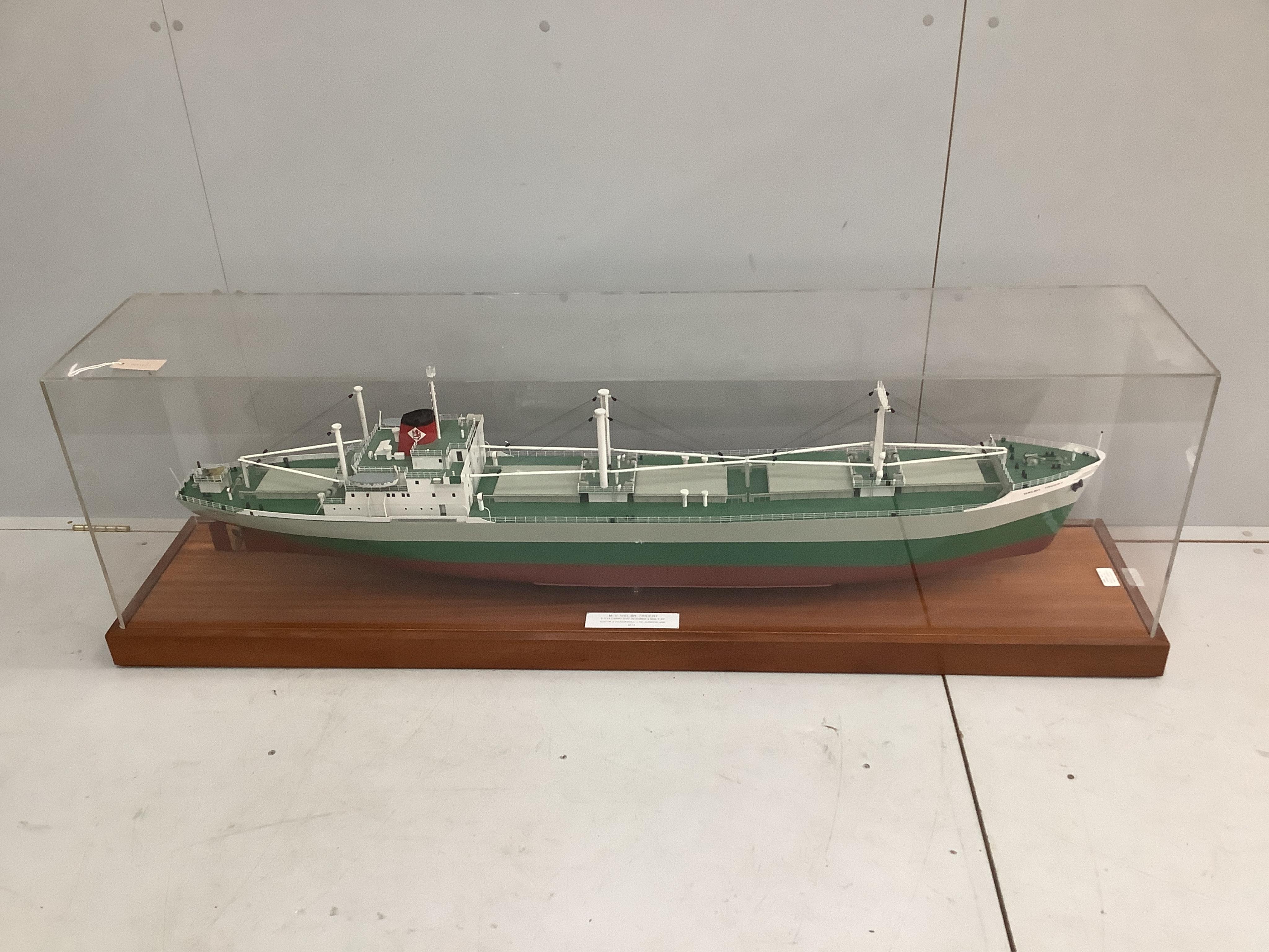 A Norman Hill scale model of the M.V. Welsh Trident, S.D. 14 cargo ship designed and built by Austin and Pickersgill Ltd, Sunderland 1973, case width 166cm, depth 35cm, height 51cm. Condition - good